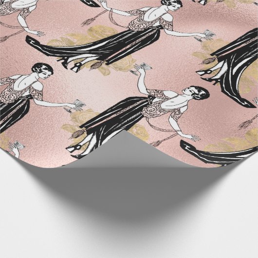 ローズゴールドとブッシュピンクのアートデコ ワイン ラッピングペーパー (角)