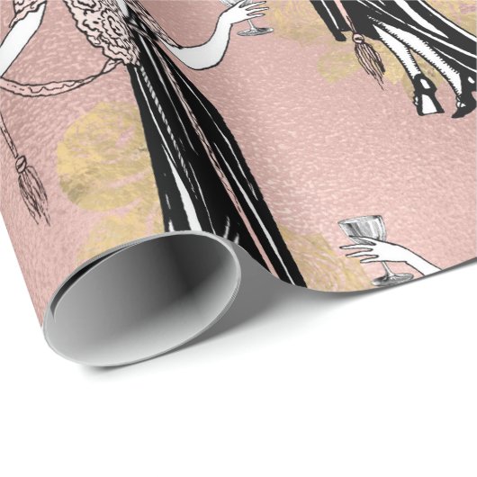 ローズゴールドとブッシュピンクのアートデコ ワイン ラッピングペーパー (ロールコーナー)