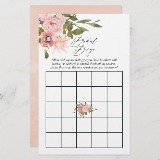 ローズゴールドとブッシュピンクのウェディングシャワー ビンゴ (正面/裏面)