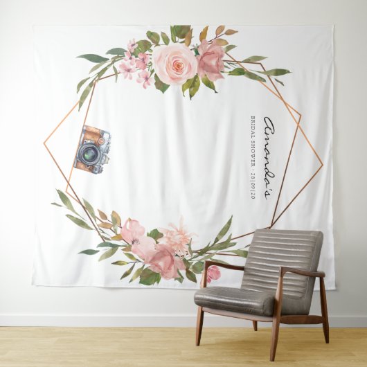 ローズゴールドとブッシュピンクのウェディングシャワー フォトブース タペストリー (インサイチュ(横))