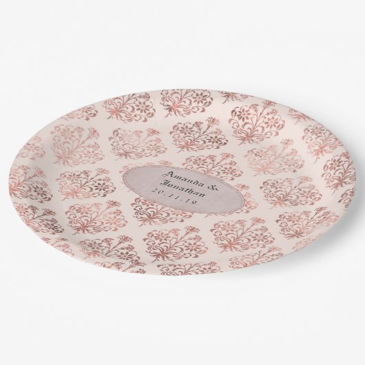 ローズゴールドとブッシュ ダマスク箔 ウェディング ペーパープレート (アングル)