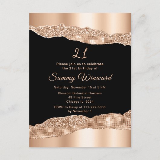 ローズゴールドとブラックのグラマラスな涙の誕生日パーティー ポストカード (正面)