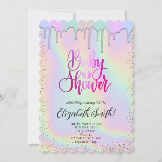 ローズゴールドと虹色の星のベビーシャワー 招待状 (正面)