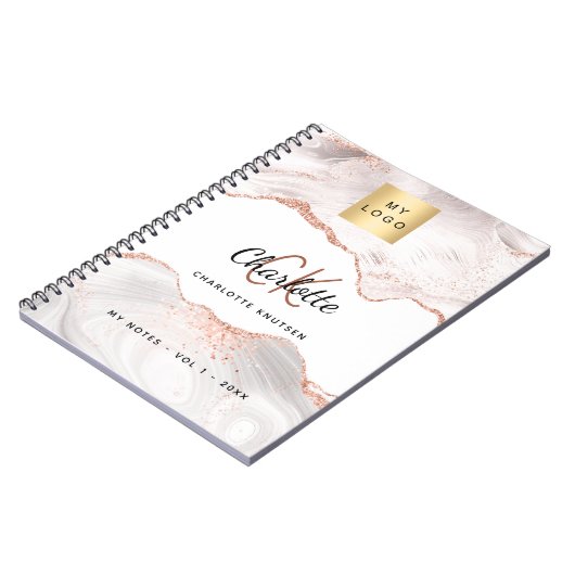 ローズゴールドのアゲートロゴモノグラムエレガントビジネス ノートブック (左側)