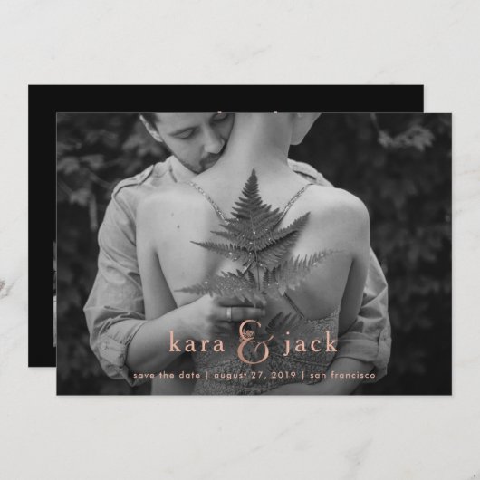 ローズゴールドのアンパサンド | 4枚の写真の結婚式延期のお知らせ 招待状 (正面/裏面)