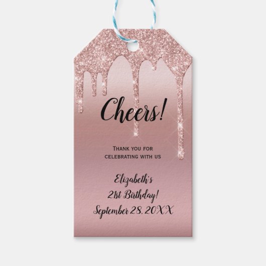 ローズゴールドのキラキラドリッピング 21歳の誕生日 ギフトタグ (正面)