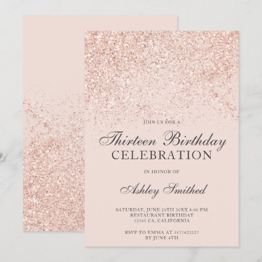 ローズゴールドのグリッターがスパークルする、ほんのりピンクの13歳 招待状 (正面/裏面)