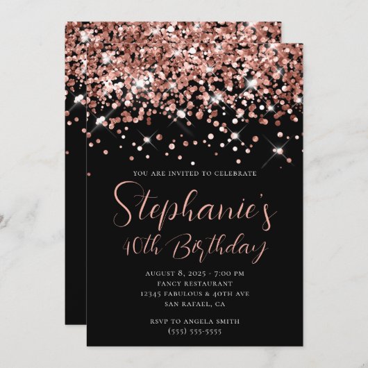 ローズゴールドのグリッターが上品な40歳の誕生日 黒 招待状 (正面/裏面)