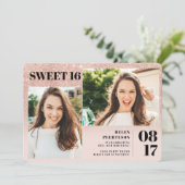 ローズゴールドのグリッターが入ったチーク 3枚の写真 スイート16の誕生日 招待状 (スタンド正面)
