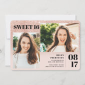 ローズゴールドのグリッターが入ったチーク 3枚の写真 スイート16の誕生日 招待状 (正面)