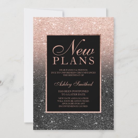 ローズゴールドのグリッターが入った、エレガントでおしゃれな新しい計画 招待状 (正面)