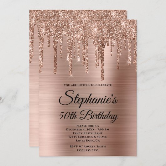 ローズゴールドのグリッターが垂れるオンブレーフォイルの誕生日 招待状 (正面/裏面)