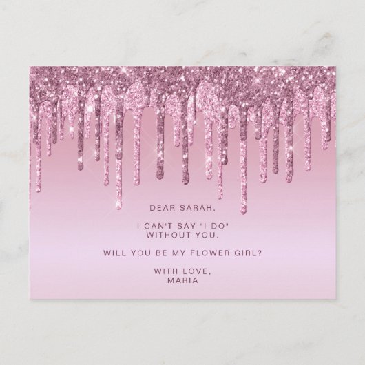ローズゴールドのグリッターが滴ります。私のフラワーガールになってくれますか インビテーションポストカード (裏面)