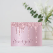 ローズゴールドのグリッターが滴ります。私のフラワーガールになってくれますか インビテーションポストカード (スタンド正面)