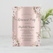 ローズゴールドのグリッターが滴るシックな花の退職 招待状 (スタンド正面)