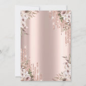 ローズゴールドのグリッターが滴るシックな花の退職 招待状 (裏面)