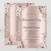 ローズゴールドのグリッターが滴るシックな花の退職 招待状 (正面/裏面)