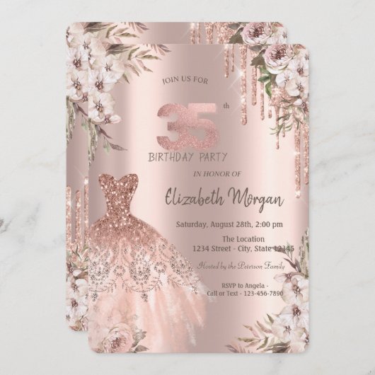 ローズゴールドのグリッターが滴るドレスと花の35歳の誕生日 招待状 (正面/裏面)