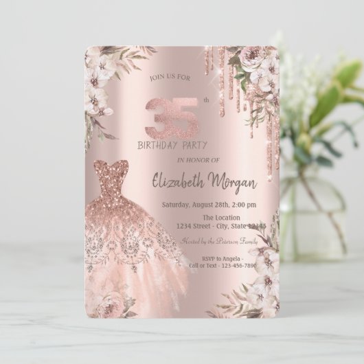 ローズゴールドのグリッターが滴るドレスと花の35歳の誕生日 招待状 (スタンド正面)
