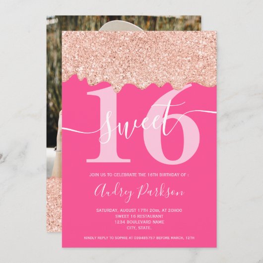 ローズゴールドのグリッターが滴る写真 ネオン ピンクのスイート 16 招待状 (正面/裏面)