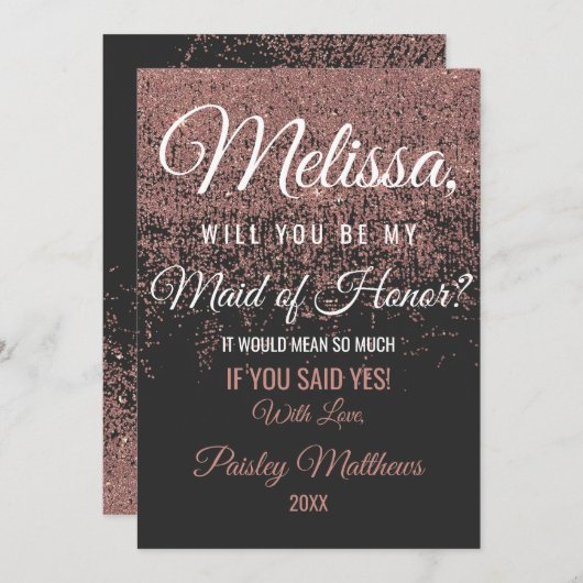 ローズゴールドのグリッターが煌くブラックのメイドオブオナー 招待状 (正面/裏面)