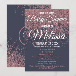 ローズゴールドのグリッターが煌く ネイビーブルーのベビーシャワー 招待状