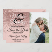 ローズゴールドのグリッターが煌く、ピンクのSave the Dateカード 招待状 (正面/裏面)