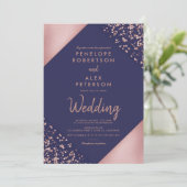 ローズゴールドのグリッターが華やかな幾何学的なストライプの結婚式 招待状 (スタンド正面)