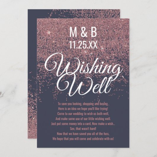 ローズゴールドのグリッターが輝くネイビーブルーのウィッシングウェル 招待状 (正面/裏面)