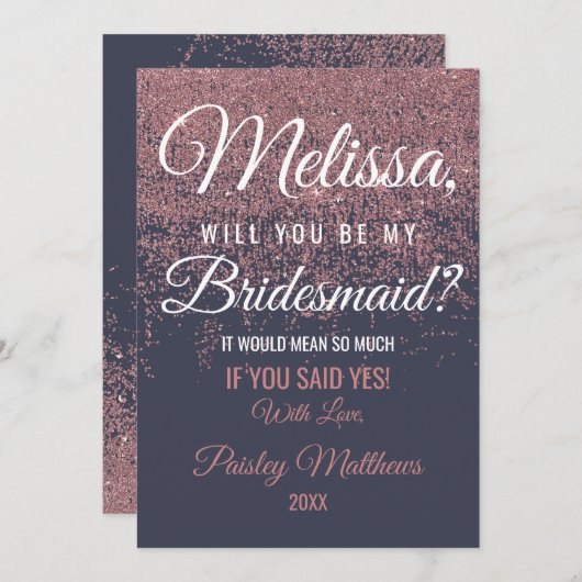 ローズゴールドのグリッターが輝くネイビーブルーのブライズメイド 招待状 (正面/裏面)