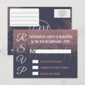 ローズゴールドのグリッターが輝く ネイビーブルーの RSVP カード (正面/裏面)