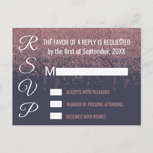 ローズゴールドのグリッターが輝く ネイビーブルーの RSVP カード (正面)