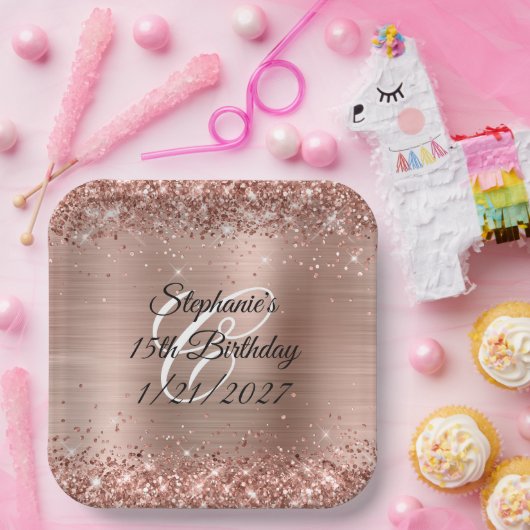 ローズゴールドのグリッターとホイル 15歳の誕生日 ペーパープレート (パーティー)