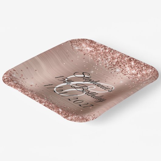ローズゴールドのグリッターとホイル 15歳の誕生日 ペーパープレート (傾斜あり)