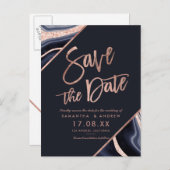 ローズゴールドのグリッターアゲート ネイビーブルー セーブ・ザ・デート 案内ポストカード (正面/裏面)