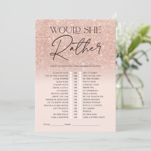 ローズゴールドのグリッターオンブレピンクでとっても花嫁ゲーム 招待状 (スタンド正面)