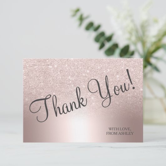 ローズゴールドのグリッターオンブレメタリックフォイル サンクス サンキューカード (スタンド正面)