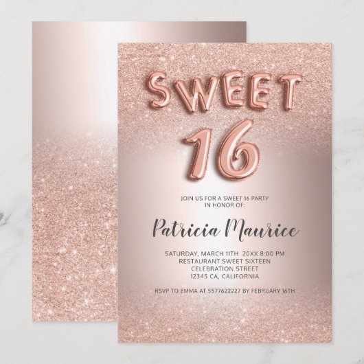 ローズゴールドのグリッターオンブレ文字メタリックスイート16 招待状 (正面/裏面)