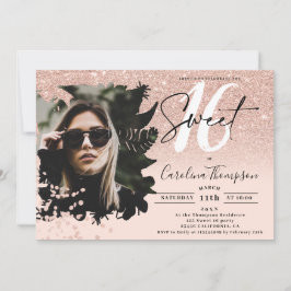 ローズゴールドのグリッターオンブレ フローラル ピンク フォト スウィート16 招待状