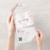 ローズゴールドのグリッターコンフェッティを使った白とシックなウェディング オールインワン招待状 (貼ってはがせる)