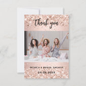 ローズゴールドのグリッター付き結婚前お祝い写真 サンキューカード (正面)