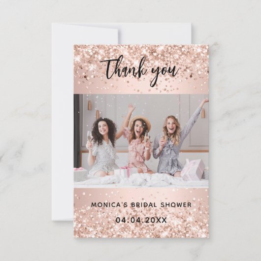 ローズゴールドのグリッター付き結婚前お祝い写真 サンキューカード (正面)