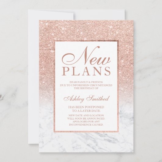ローズゴールドのグリッター大理石エレガントでおしゃれな新しい計画 招待状 (正面)