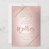 ローズゴールドのグリッター タイポグラフィー メタル フォイル ウェディング 招待状 (正面)