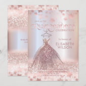 ローズゴールドのグリッター ドレスが主役のキンセアニエラ 招待状 (正面/裏面)