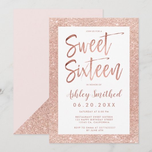 ローズゴールドのグリッター フレーム、 ブッシュピンクのスイート16 招待状 (正面/裏面)
