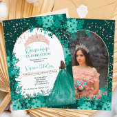 ローズゴールドのグリーン花冠プリンセスのQuinceanera 招待状