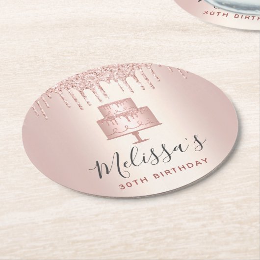 ローズゴールドのケーキグリッターが滴る、エレガントでかわいいガールズパーティー ラウンドペーパーコースター (アングル)