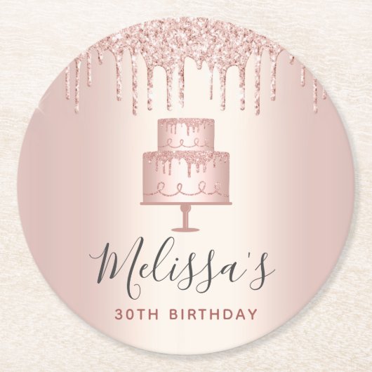ローズゴールドのケーキグリッターが滴る、エレガントでかわいいガールズパーティー ラウンドペーパーコースター (正面)
