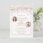 ローズゴールドのコンフェッティと白い円の写真 ウェディング 招待状 (スタンド正面)